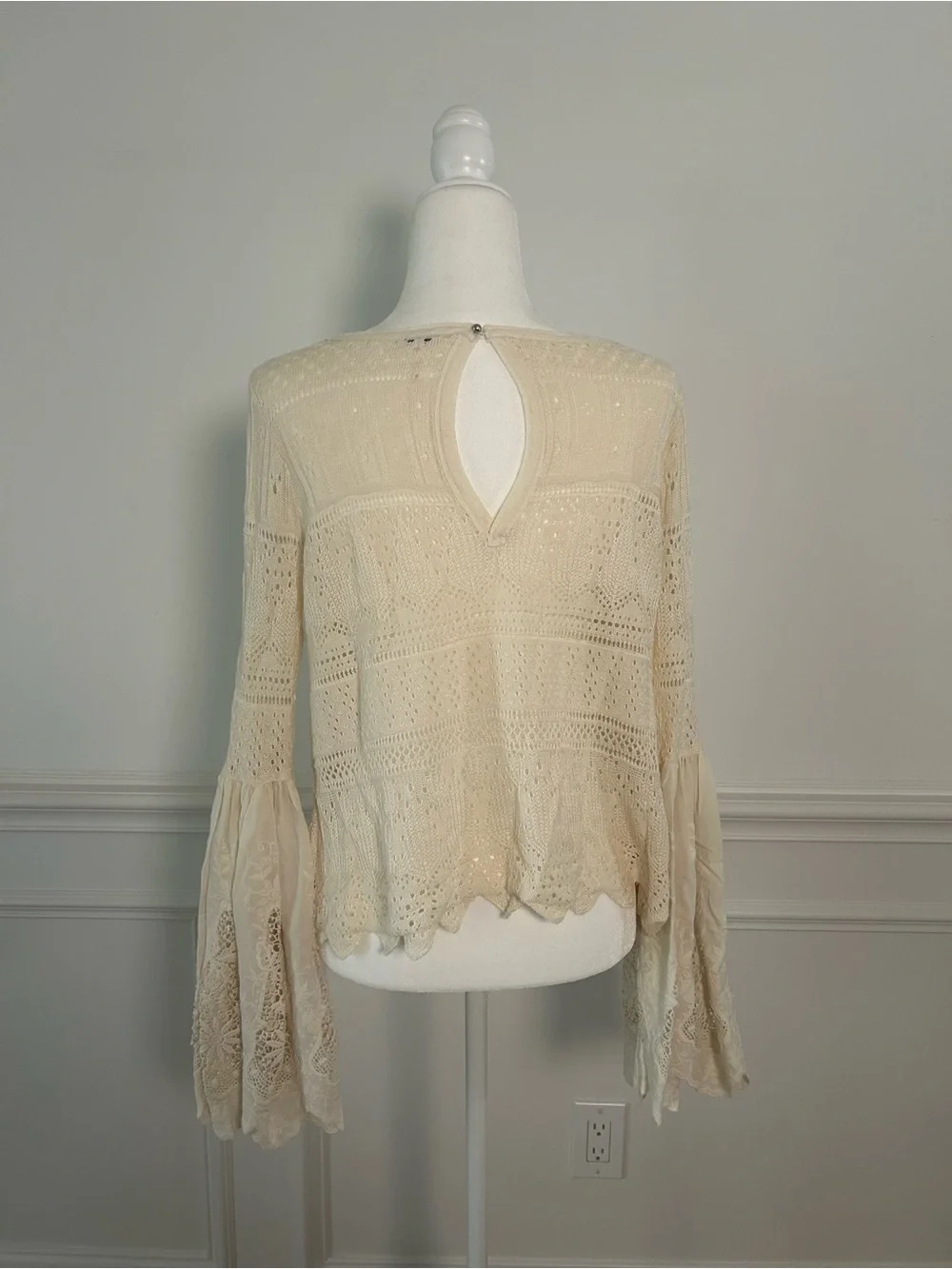 Free People Cream Crochet Lace Bell-Sleeve Top